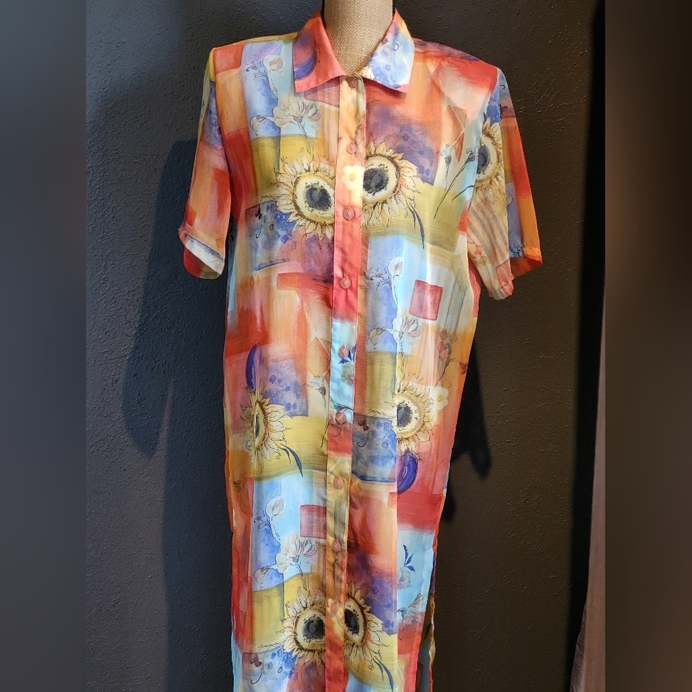 Sea N Sun Vtg 80s Bright Sheer Midi Shirt Dress Medium